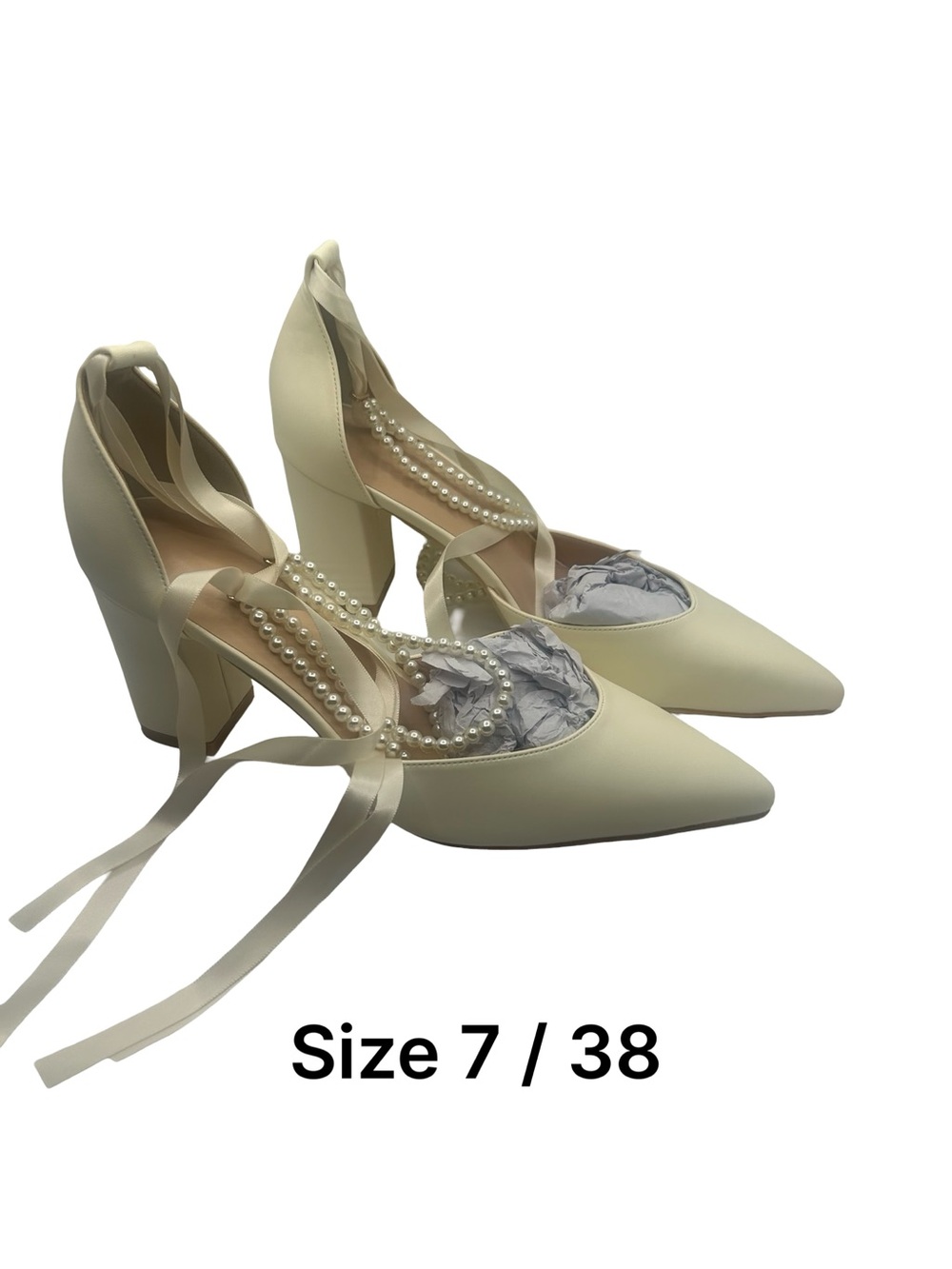 Elegant Cream Pointed Toe Block Heel Pumps with Pearl Ties - Size 7